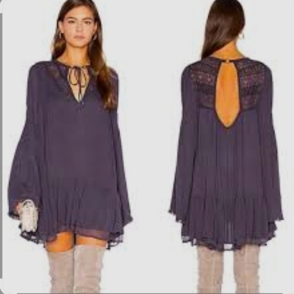 Free People Tops - Free People Purple Bell Sleeve Tunic Dress Tie V-Neck Womens Size S